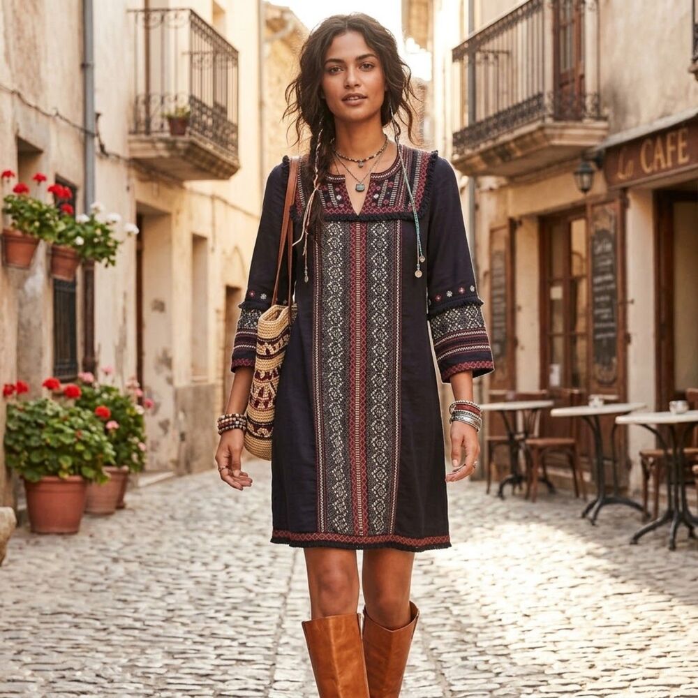 Anthropologie Akemi + Kin Tessa Dress Womens Sz 8 Navy Embroided Boho Festival